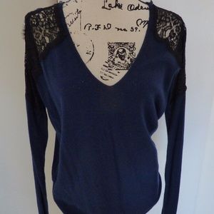 EUC Blue Express Sweater with Black Lace Panels
